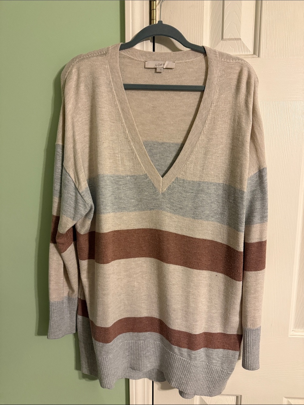 LOFT Neutral Striped V-Neck Sweater in Beige, Gray & Brown